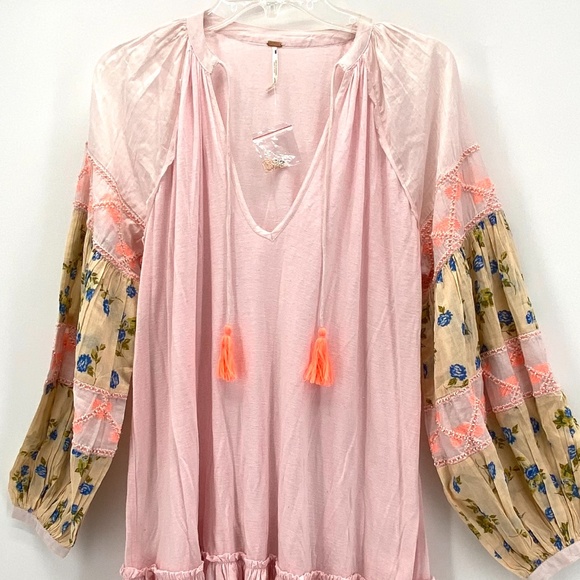 FREE PEOPLE PINK FLORAL BOHO PEASANT MINI DRESS - Picture 4 of 13